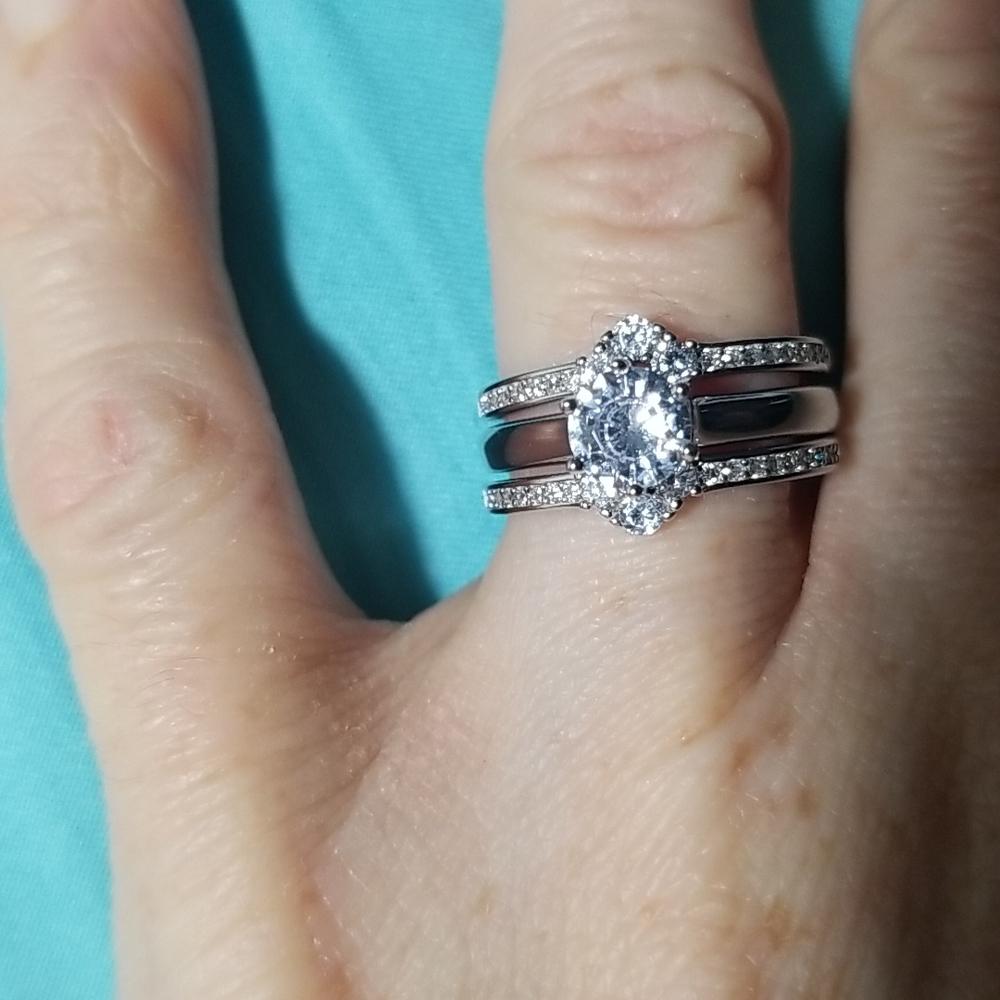 Cubic zirconia engagement ring with 2 guard bands 6 925 sterling silver